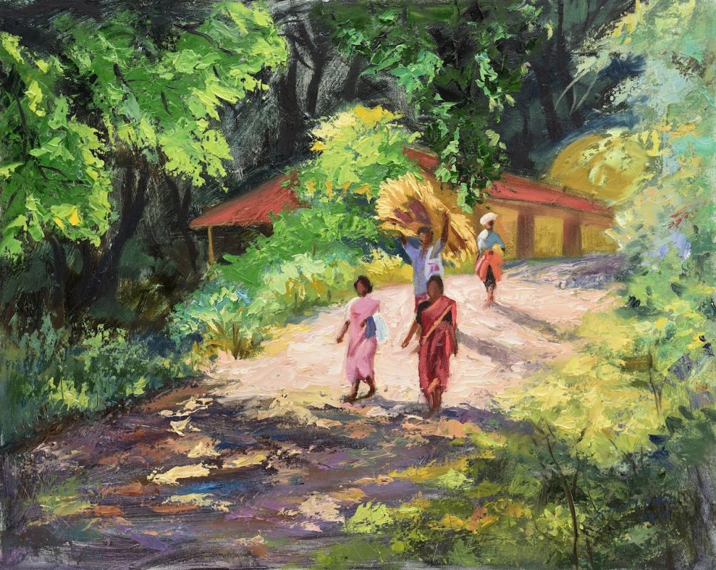 village life 24x30 in oil on canvas rs 45000